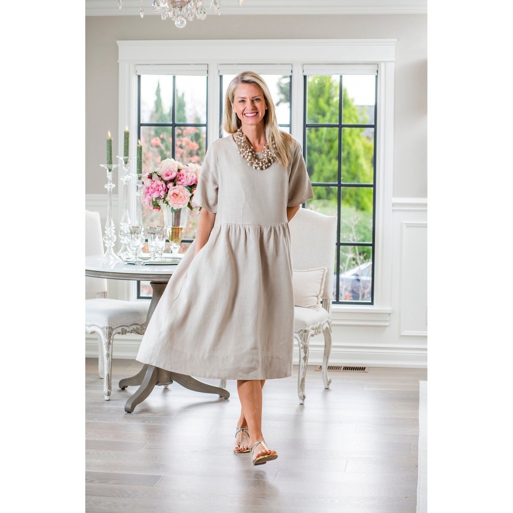 New 100% Linen Crown Linen Designs Smock Dress  Euro Minimalist Sz L RTL $208